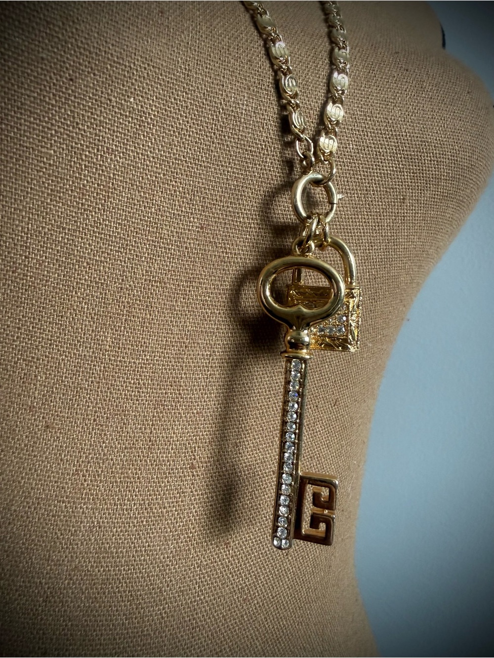 Gold Key Pendant Long Necklace with Crystal Accents